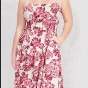 Old Navy Waist-Defined White Floral Linen-Blend Dress